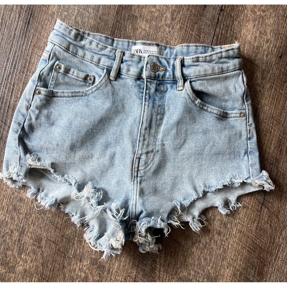 Zara Denim Shorts High Waist Frayed‎ Hem Blue Jean Women's Size 4